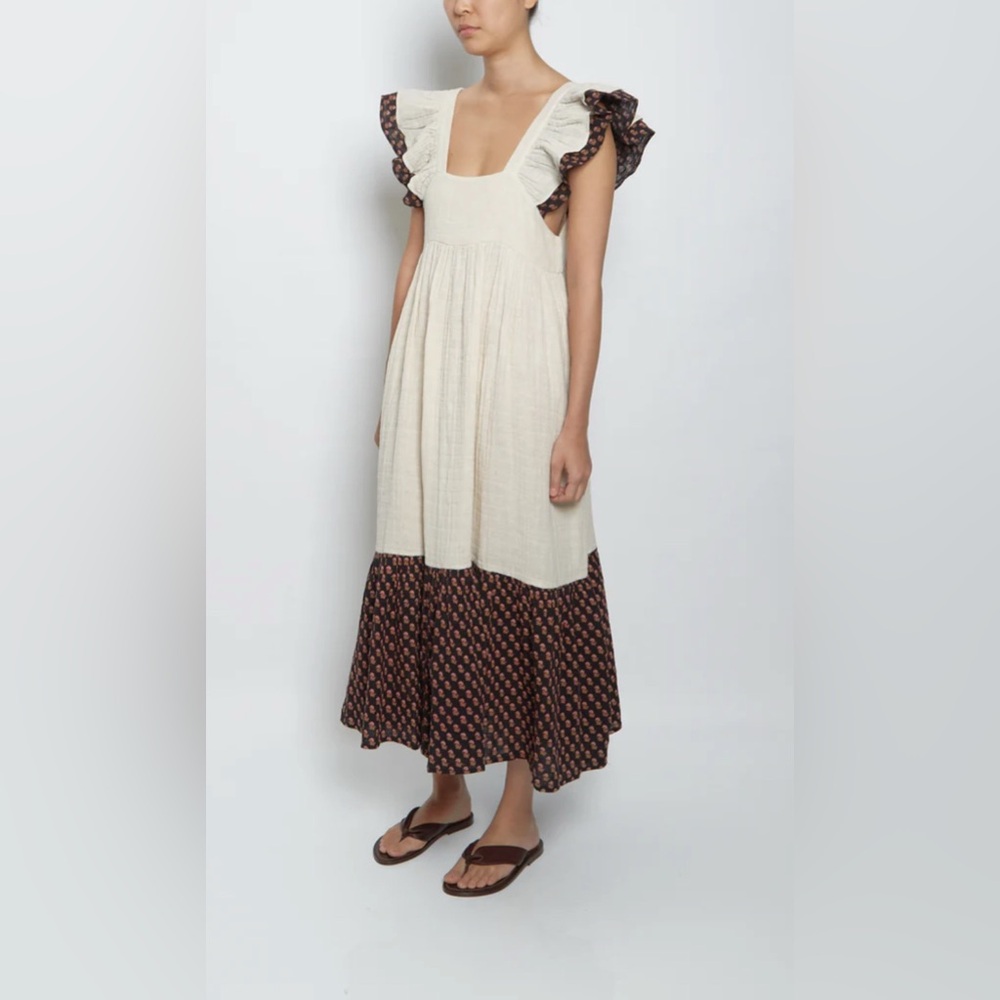 Anaak Cream and Blockprint Mix Astrid Ruffle Maxi Dress